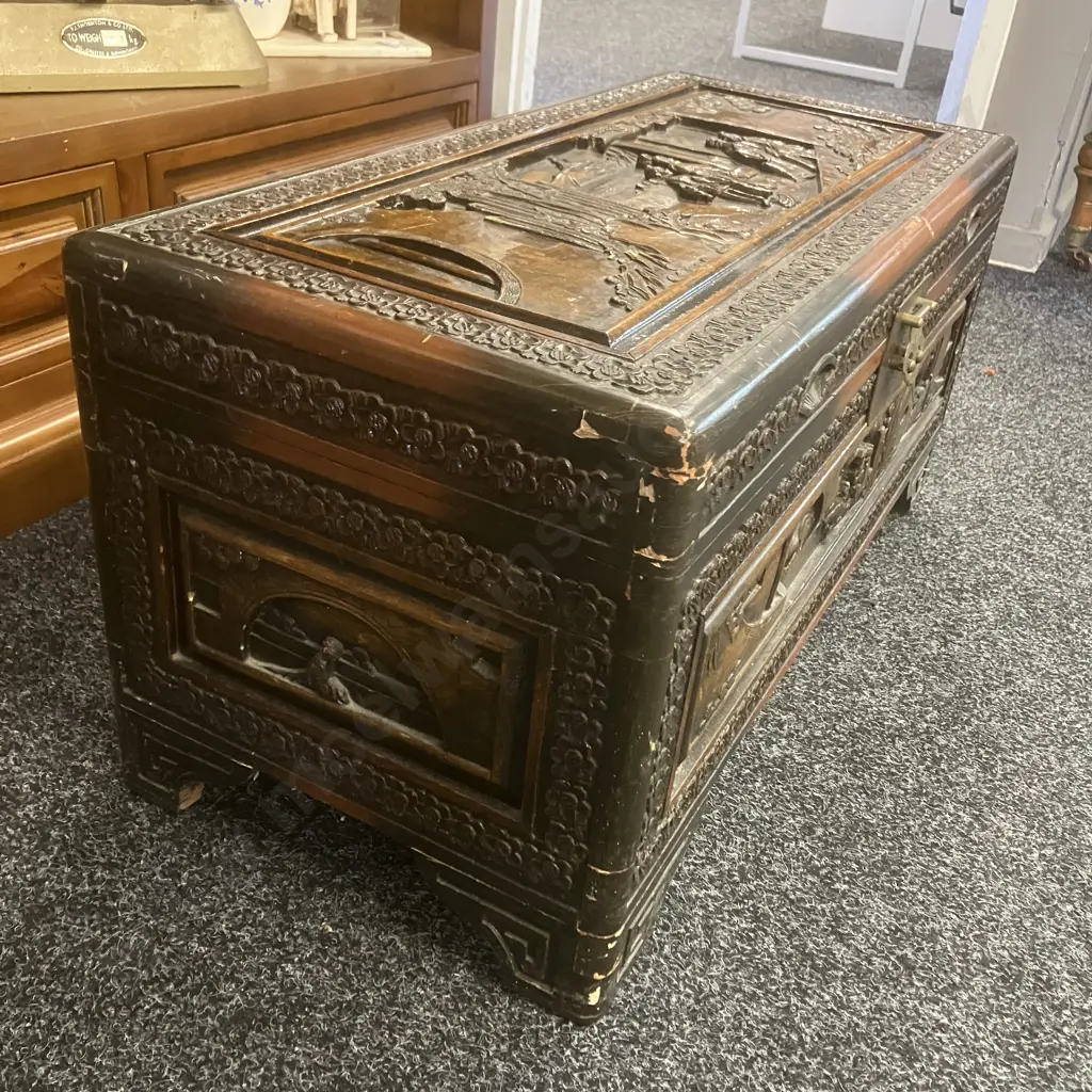 Vintage Oriental Carved Camphor Wood Trunk. H34 W73 D33cm Image 1++