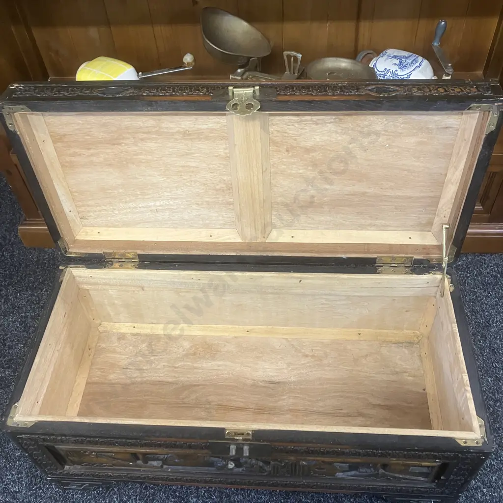 Vintage Oriental Carved Camphor Wood Trunk. H34 W73 D33cm Image 1++