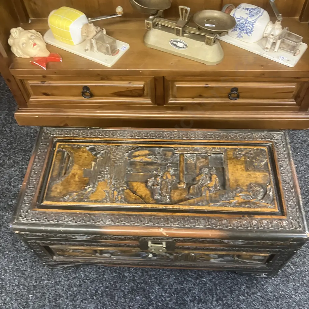 Vintage Oriental Carved Camphor Wood Trunk. H34 W73 D33cm Image 1++