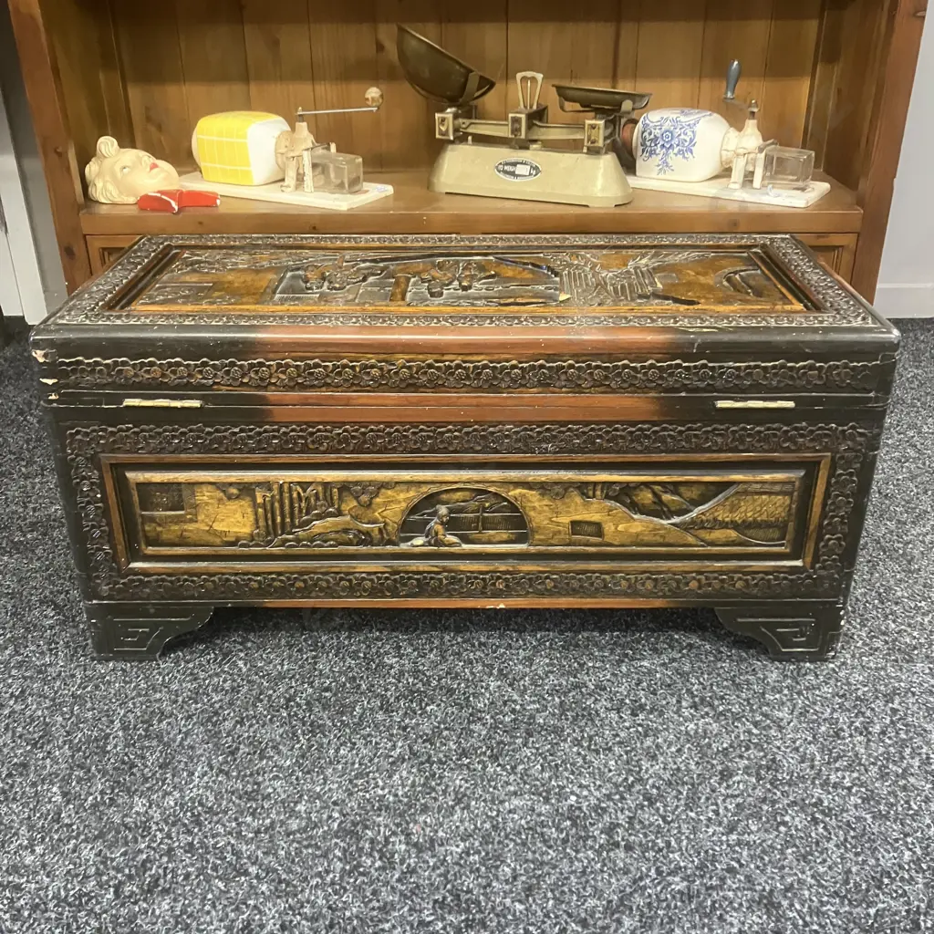Vintage Oriental Carved Camphor Wood Trunk. H34 W73 D33cm Image 1++