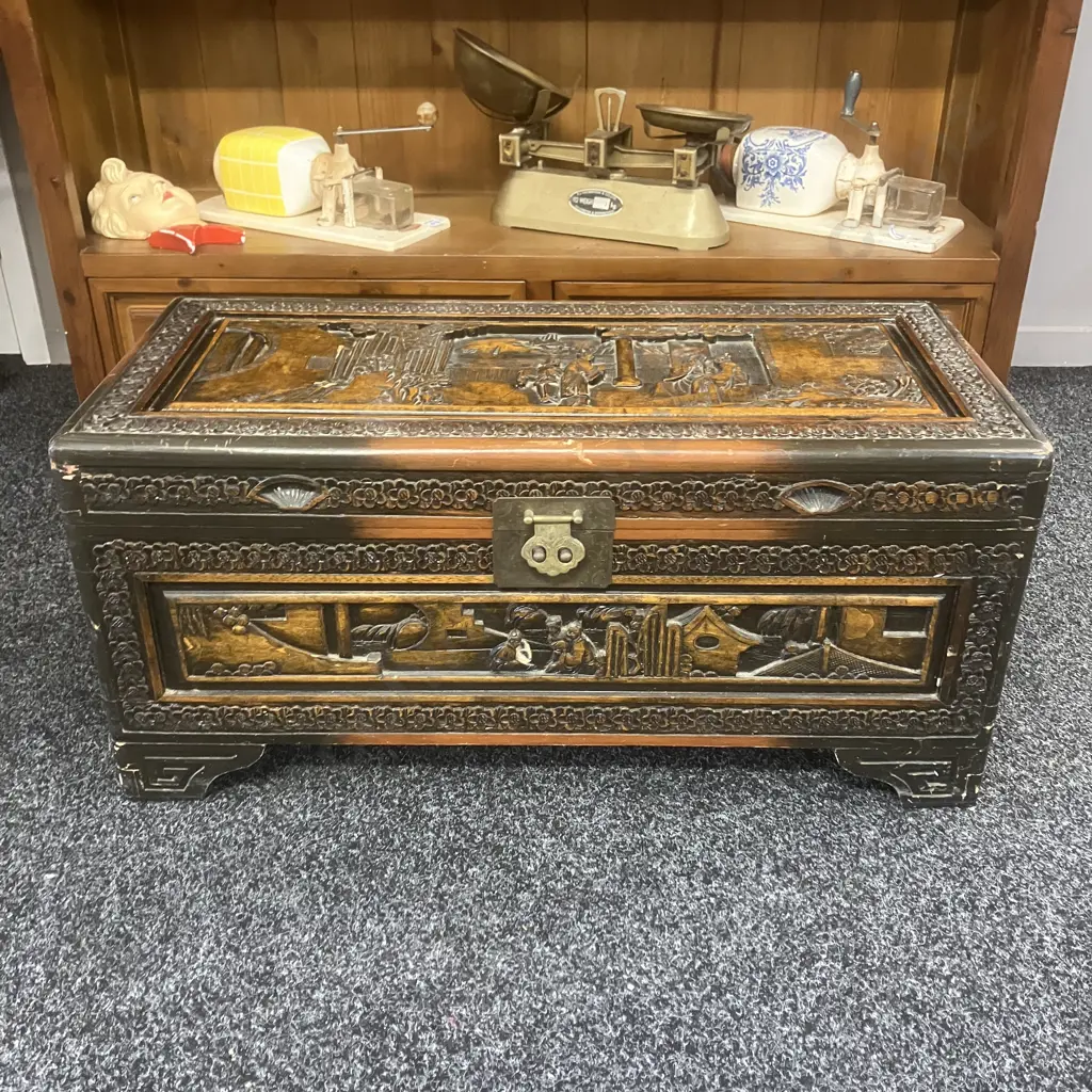 Vintage Oriental Carved Camphor Wood Trunk. H34 W73 D33cm Image 1++