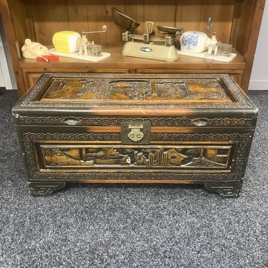 Vintage Oriental Carved Camphor Wood Trunk. H34 W73 D33cm