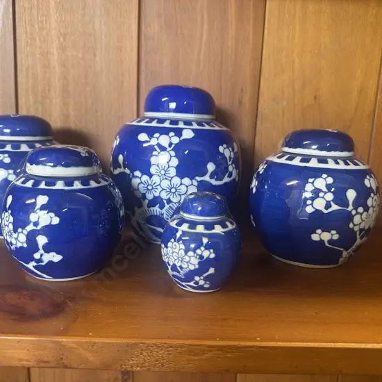 Selection Of Vintage Blue & White Porcelain Ginger Jars With Hand Painted Floral Design 