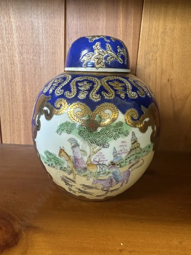 Vintage Chinese Porcelain Ginger Jar Featuring A Fox Hunt Image 1++