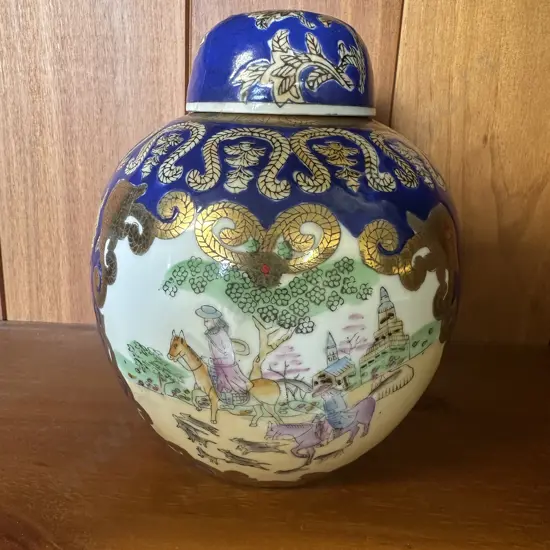 Vintage Chinese Porcelain Ginger Jar Featuring A Fox Hunt