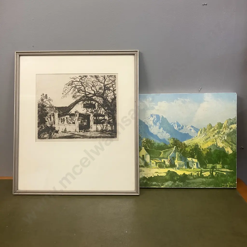 Welgemeende Original Etching by Tinus de Jong. 45 x 39.5cm With a Print of a Mountain Landscape With Cottage. 30 x 45cm Image 1++