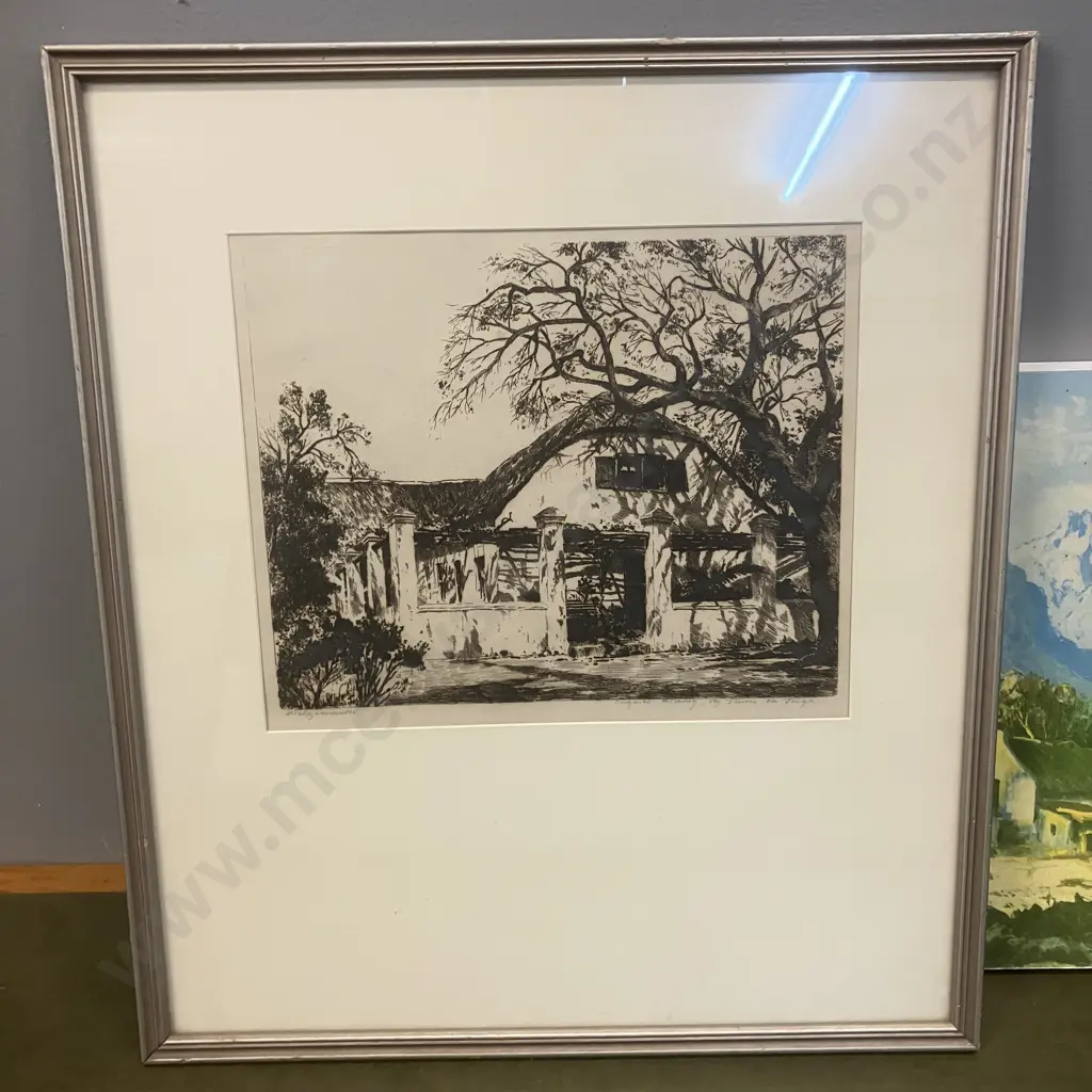 Welgemeende Original Etching by Tinus de Jong. 45 x 39.5cm With a Print of a Mountain Landscape With Cottage. 30 x 45cm Image 1++