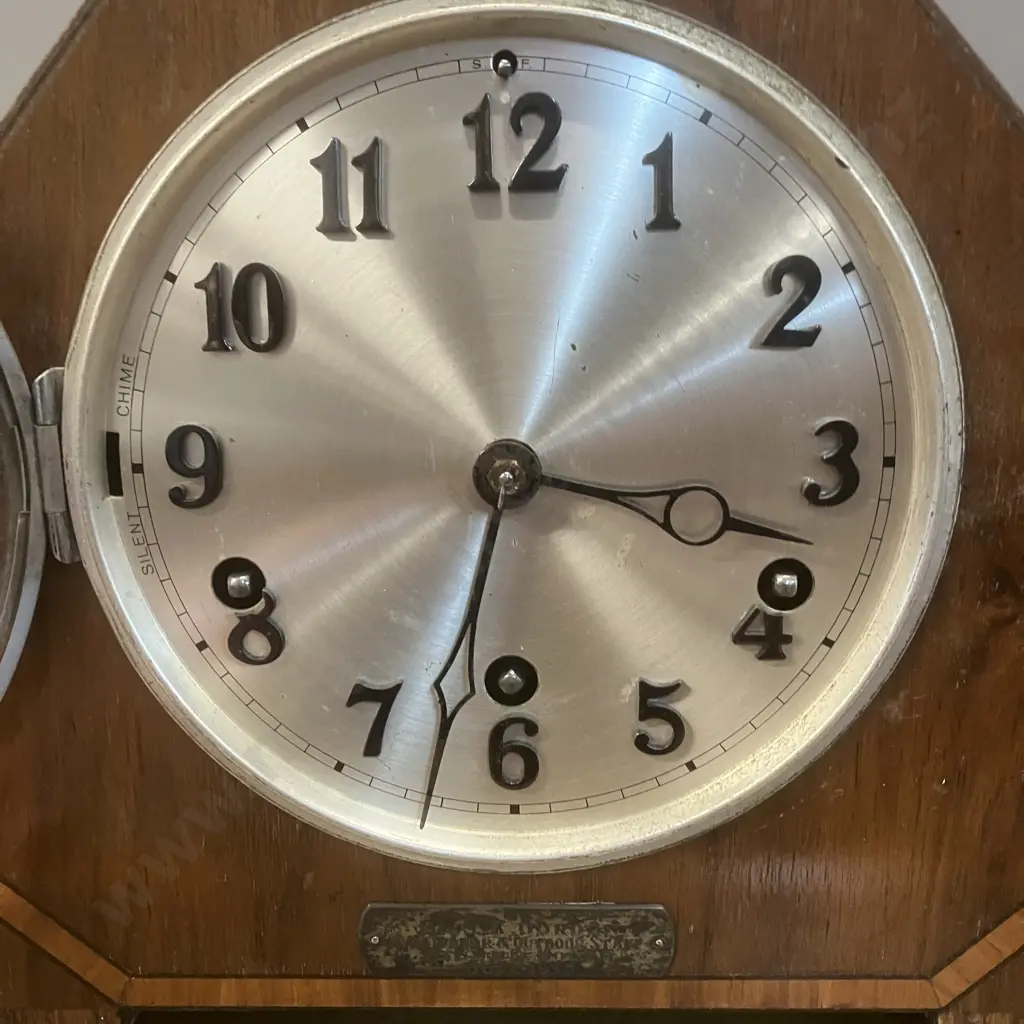 Art Deco Chiming Mantle Clock With Key (Presentation Plaque On Front Dated June 1935) Image 1++