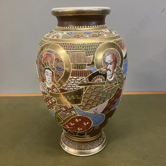 Japanese Satsuma 'Moriage' Vase With 'Immortals' Design. Glazed & Gilded. H31cm