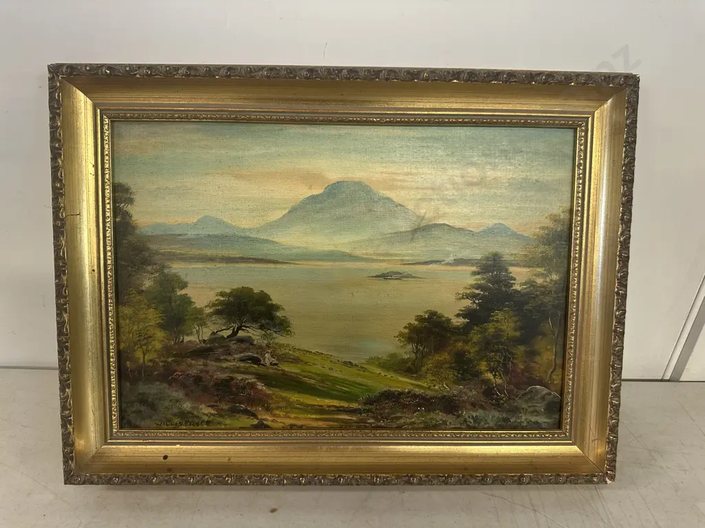 Vintage Ornate Gilt Framed Artwork Signed Willis Pryce 'Highland Lock Scene H32,W43cm. Image 1++
