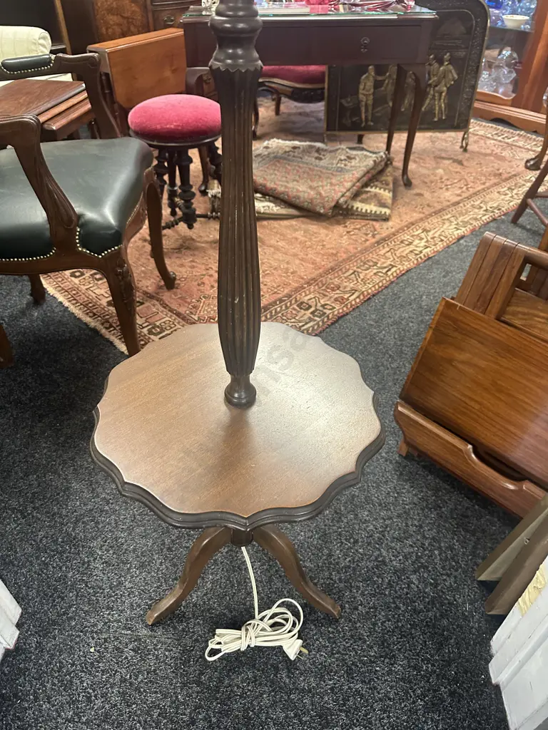 Vintage Mahogany Standard Floor Lamp With Cream Shade & Table Image 1++