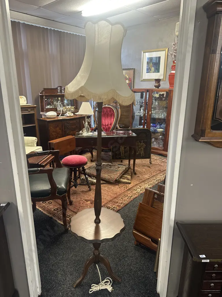 Vintage Mahogany Standard Floor Lamp With Cream Shade & Table Image 1++