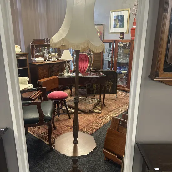 Vintage Mahogany Standard Floor Lamp With Cream Shade & Table
