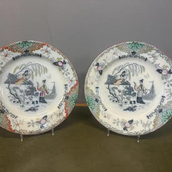 Pair Of Antique Scottish Plates Chinoiserie Design J.MP Bell & Co 1860s Stamped 1x (as found)