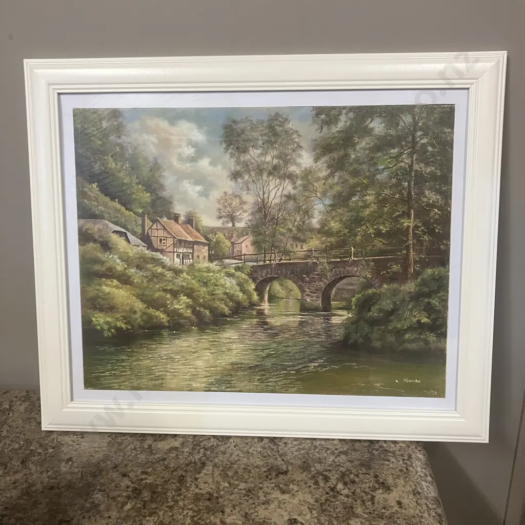 Lawrence Gercke, Cobblestone Bridge With Brooke Oil on Canvas Board, Signed. 47 x 57cm Image 1++