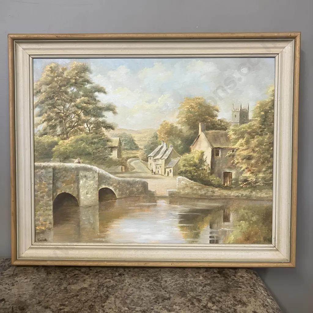 Lawrence Gercke, Cobblestone Bridge With Castle in Background Oil on Canvas Board, Signed. 43 x 547cm Image 1++