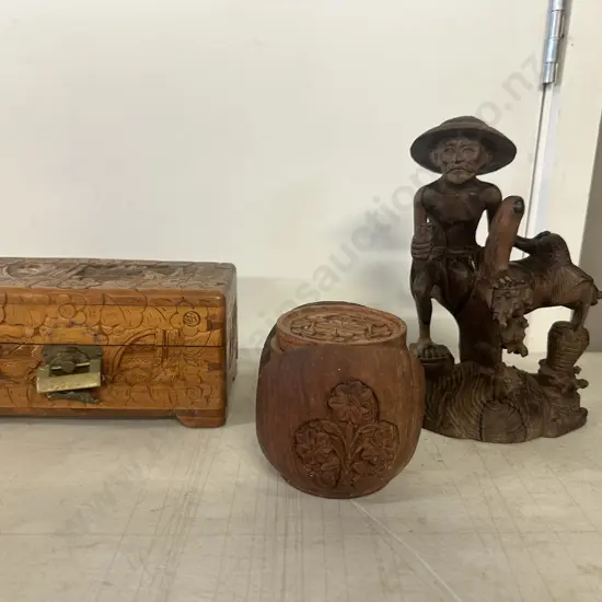 Carved Wooden Jewellery Box, Coasters & Figurine