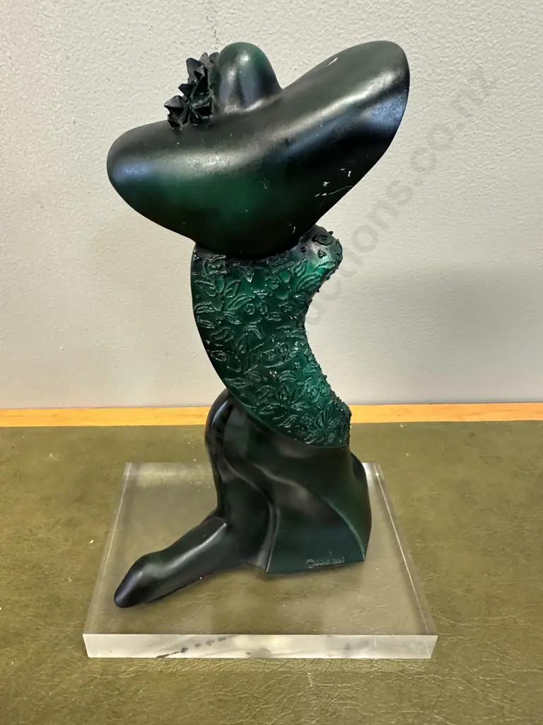 Signed A.Belcari Sculpture On Clear Plinth Woman In A Hat & Dress Image 1++