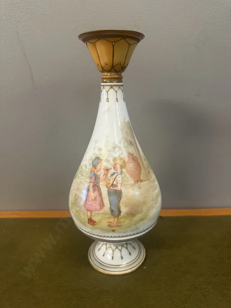 Vintage Porcelain Vase Two Children In Landscape Scene With Gilt Detail H26cm. Image 1++
