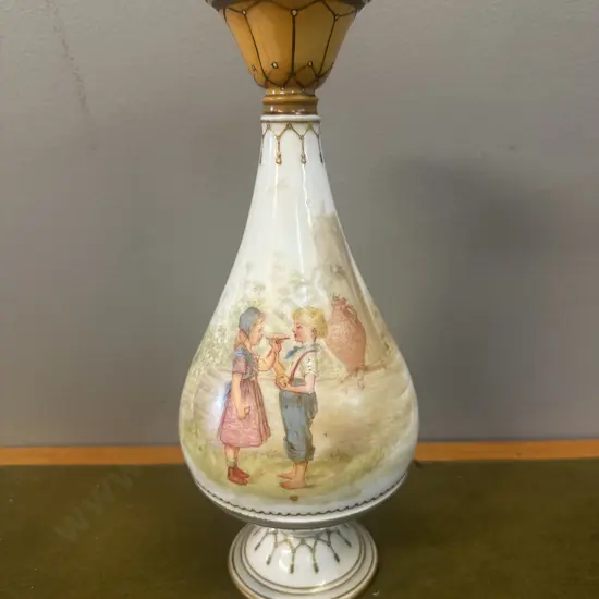 Vintage Porcelain Vase Two Children In Landscape Scene With Gilt Detail H26cm.