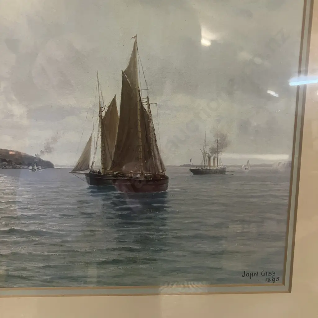 Sail and Steam, Auckland Harbour, 1985 - John Gibb Framed Vintage Print. 42 x 56cm Image 1++