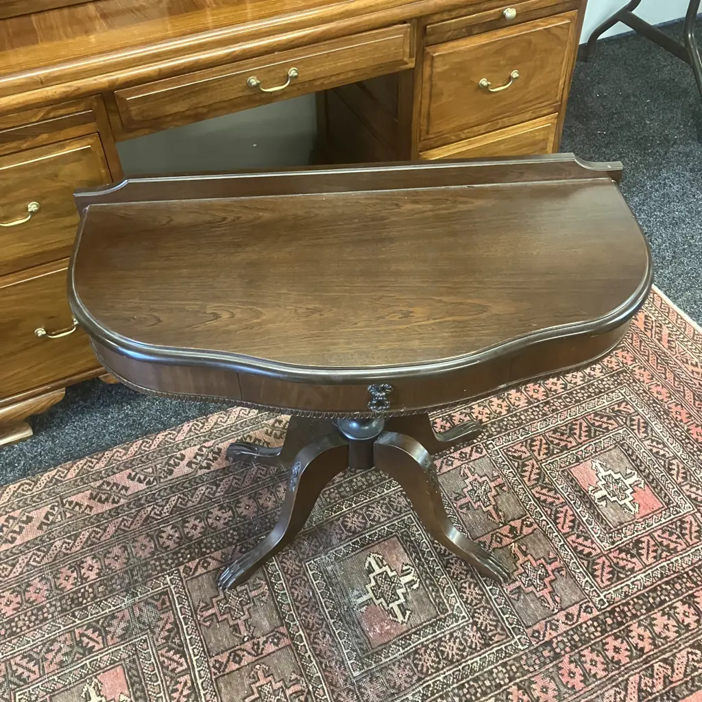 Vintage Mahogany 1/2 Round Table, Single Drawer. Turned Pedestal To 4 Feet - David Whitlow ChCh. H66.5 W85 D41cm Image 1++