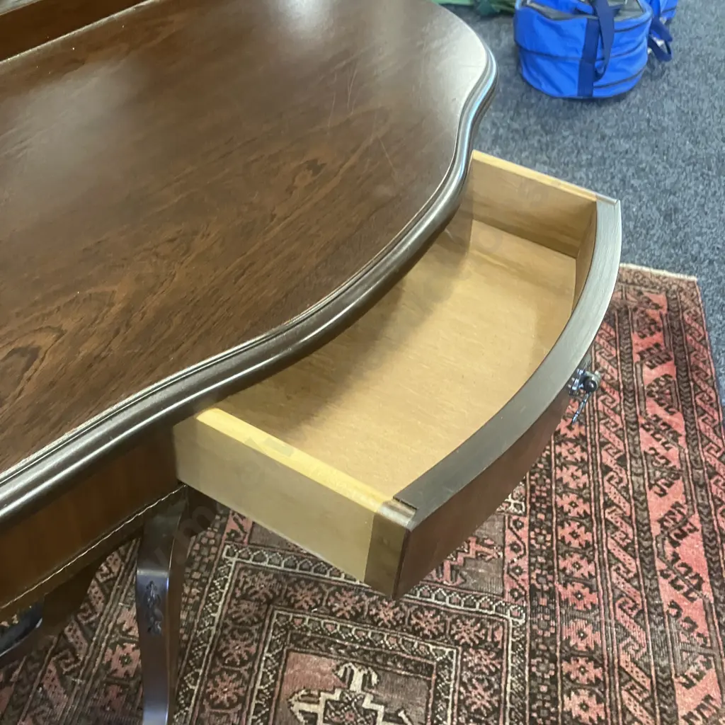 Vintage Mahogany 1/2 Round Table, Single Drawer. Turned Pedestal To 4 Feet - David Whitlow ChCh. H66.5 W85 D41cm Image 1++