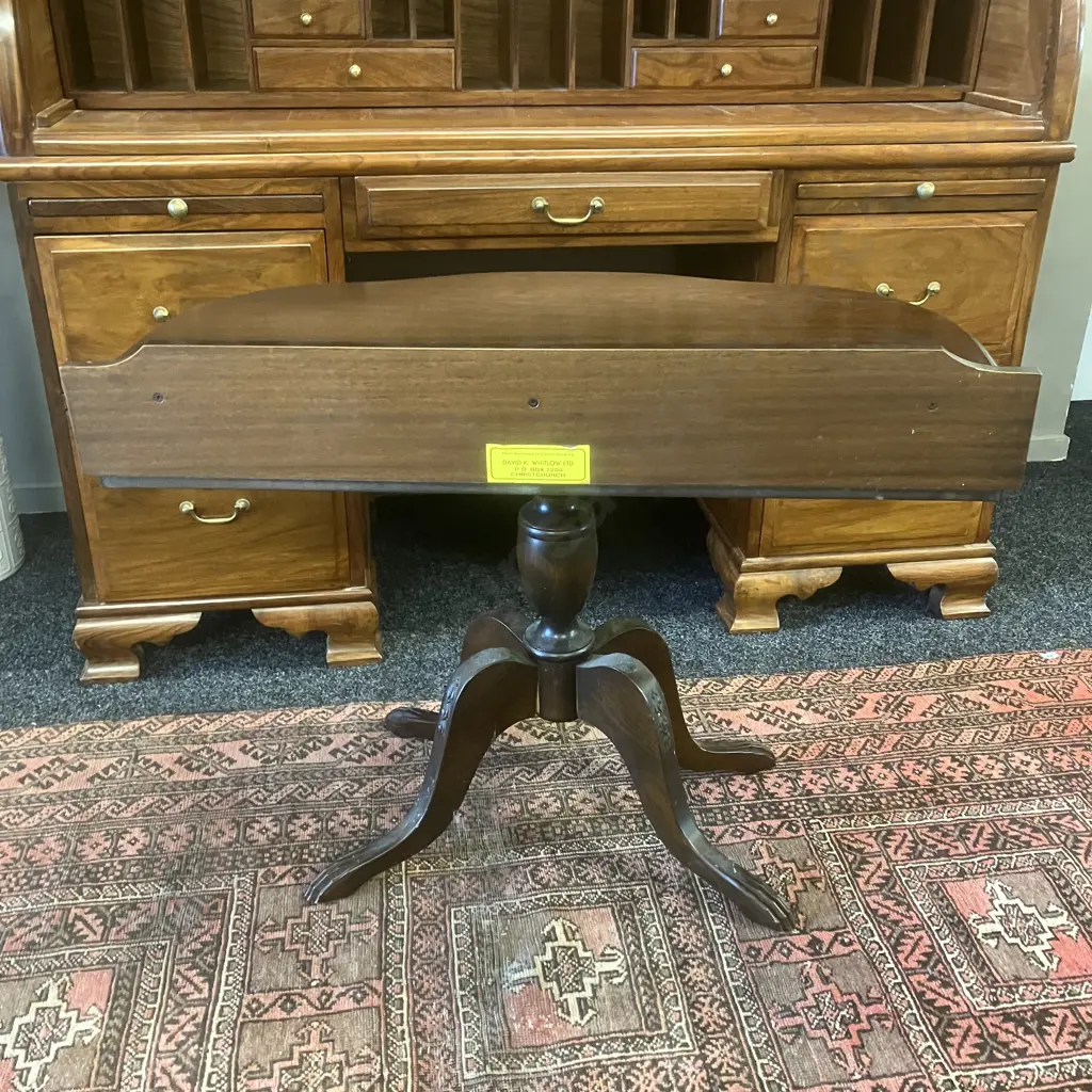 Vintage Mahogany 1/2 Round Table, Single Drawer. Turned Pedestal To 4 Feet - David Whitlow ChCh. H66.5 W85 D41cm Image 1++