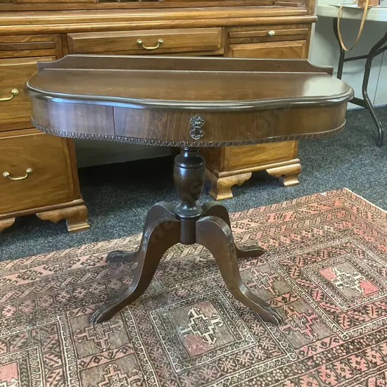 Vintage Mahogany 1/2 Round Table, Single Drawer. Turned Pedestal To 4 Feet - David Whitlow ChCh. H66.5 W85 D41cm