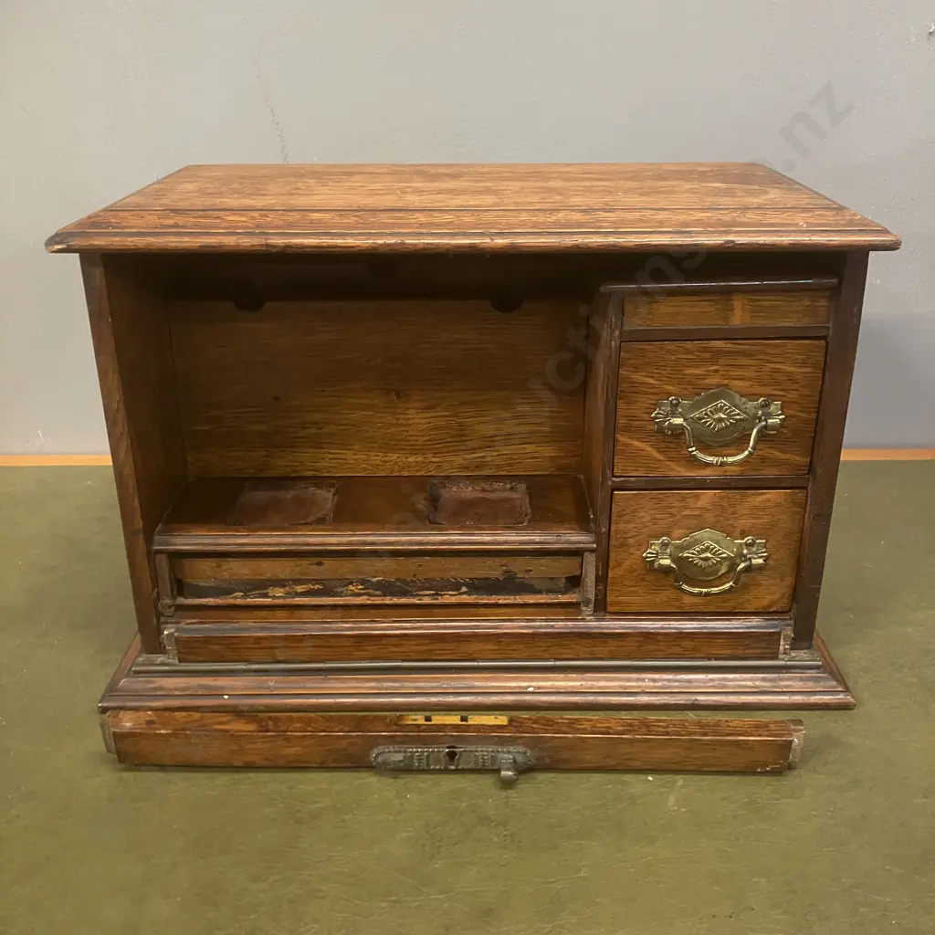 Late Victorian Oak Correspondence Cabinet With Interior Letter Rack & Three Drawers. H25 W37.5 D20.5cm Image 1++