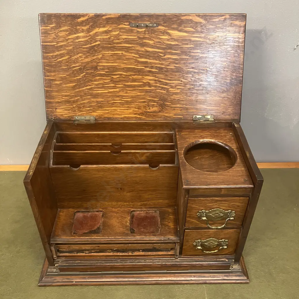 Late Victorian Oak Correspondence Cabinet With Interior Letter Rack & Three Drawers. H25 W37.5 D20.5cm Image 1++