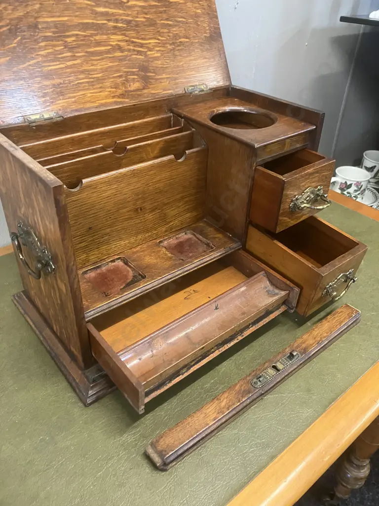 Late Victorian Oak Correspondence Cabinet With Interior Letter Rack & Three Drawers. H25 W37.5 D20.5cm Image 1++