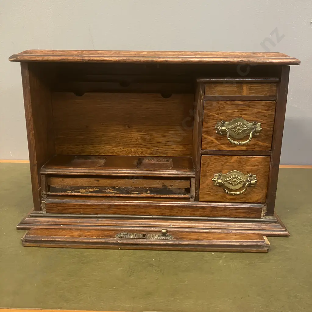 Late Victorian Oak Correspondence Cabinet With Interior Letter Rack & Three Drawers. H25 W37.5 D20.5cm Image 1++