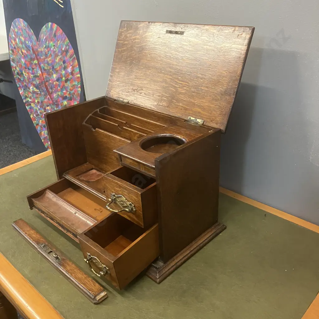 Late Victorian Oak Correspondence Cabinet With Interior Letter Rack & Three Drawers. H25 W37.5 D20.5cm Image 1++