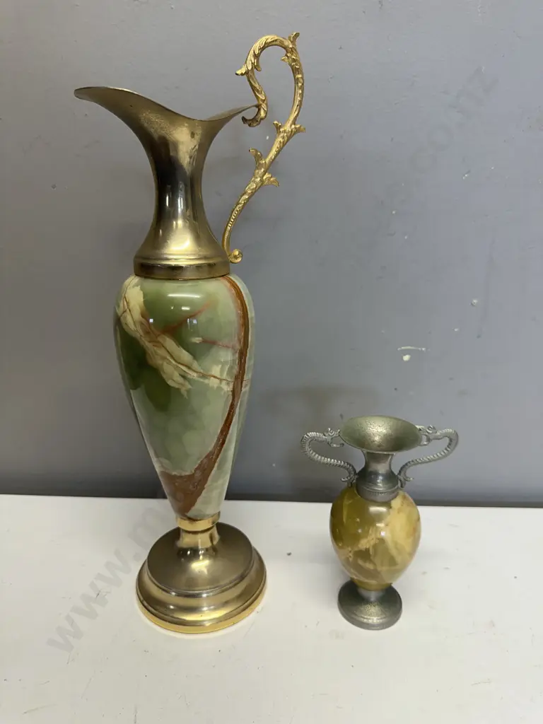 Vintage Onyx & Brass Ewer & Small Urn Vase  Image 1++