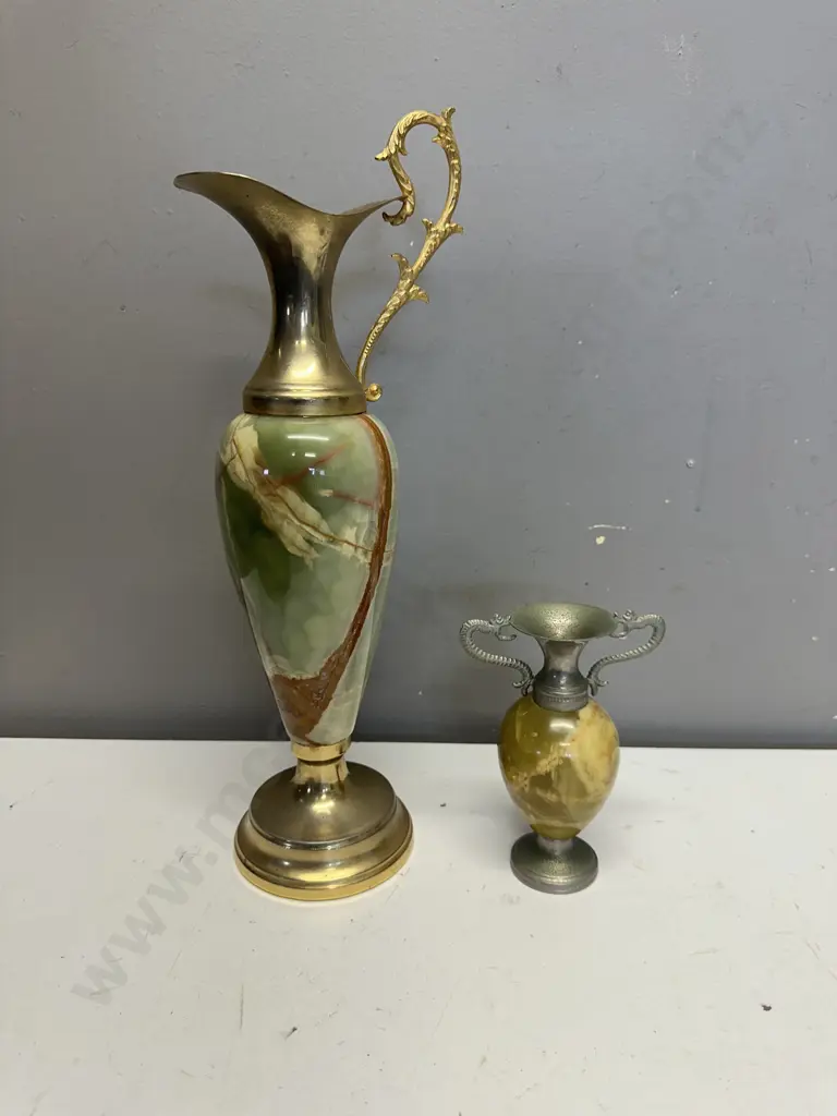 Vintage Onyx & Brass Ewer & Small Urn Vase  Image 1++