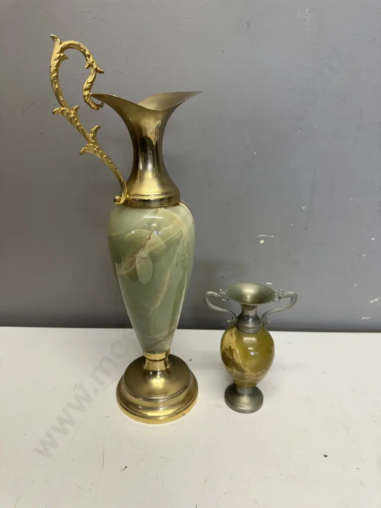 Vintage Onyx & Brass Ewer & Small Urn Vase  Image 1++