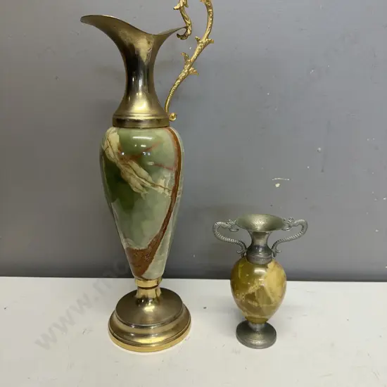 Vintage Onyx & Brass Ewer & Small Urn Vase 