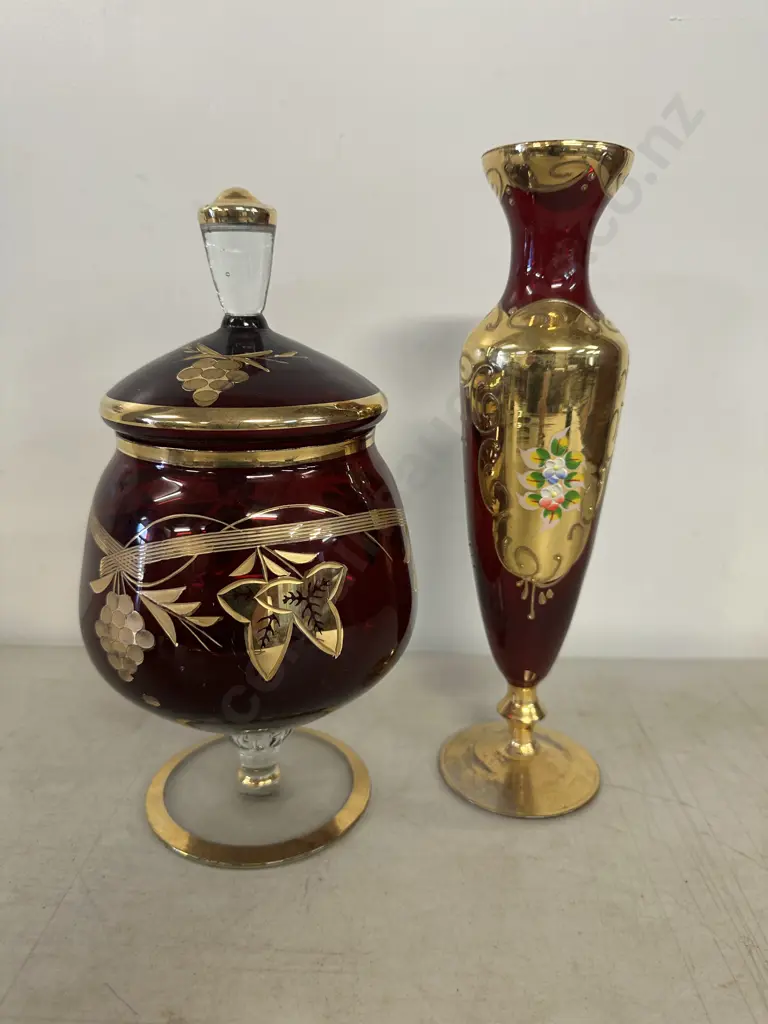 Ruby Red With Gilding Lidded Canister & Vase Image 1++