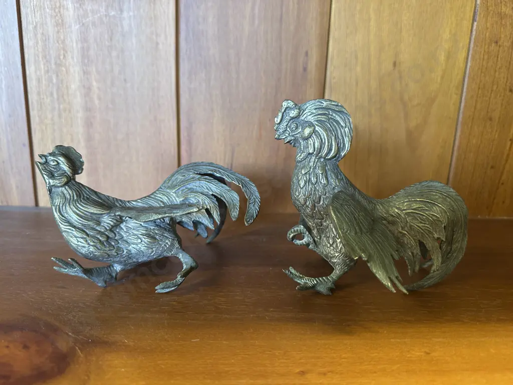 Vintage Brass? Metal Roosters Bird Figurines Image 1++