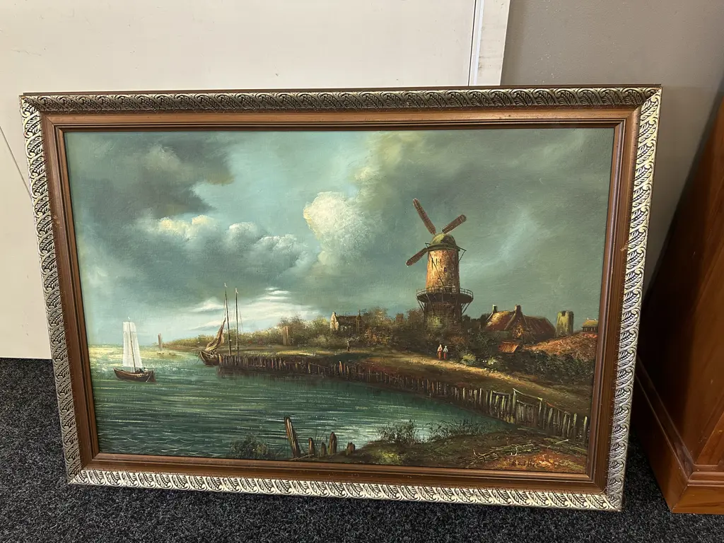 Vintage Gilt Framed Artwork Windmill Scene Signe Baillie 73x103cm. Image 1++