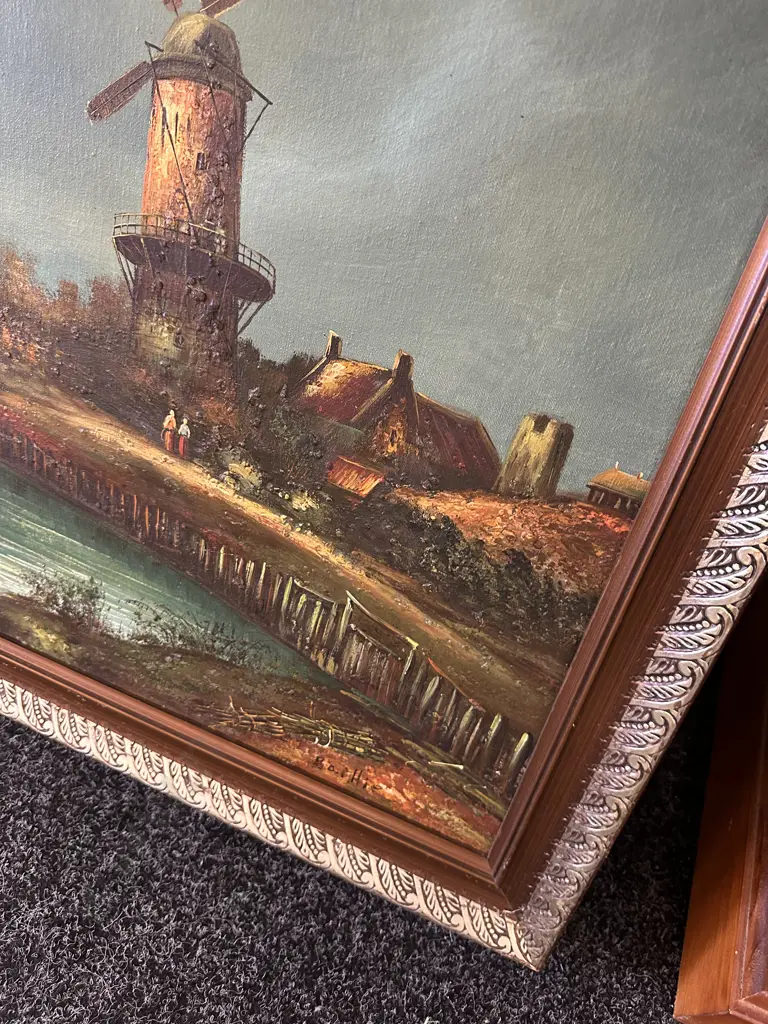Vintage Gilt Framed Artwork Windmill Scene Signe Baillie 73x103cm. Image 1++