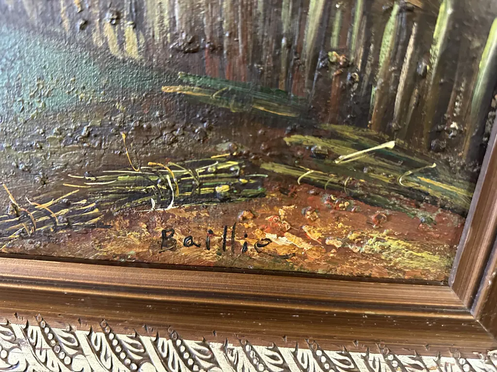 Vintage Gilt Framed Artwork Windmill Scene Signe Baillie 73x103cm. Image 1++