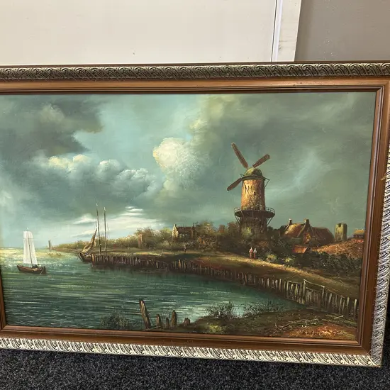 Vintage Gilt Framed Artwork Windmill Scene Signe Baillie 73x103cm.
