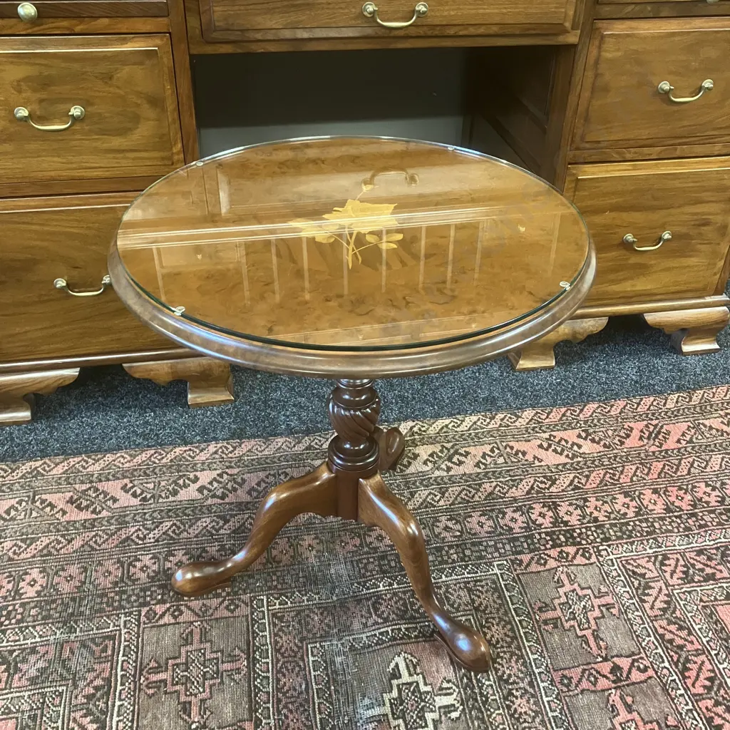 Mahogany Round Top Side Table With a Glass Top. 54.5 x 52.5cm Image 1++