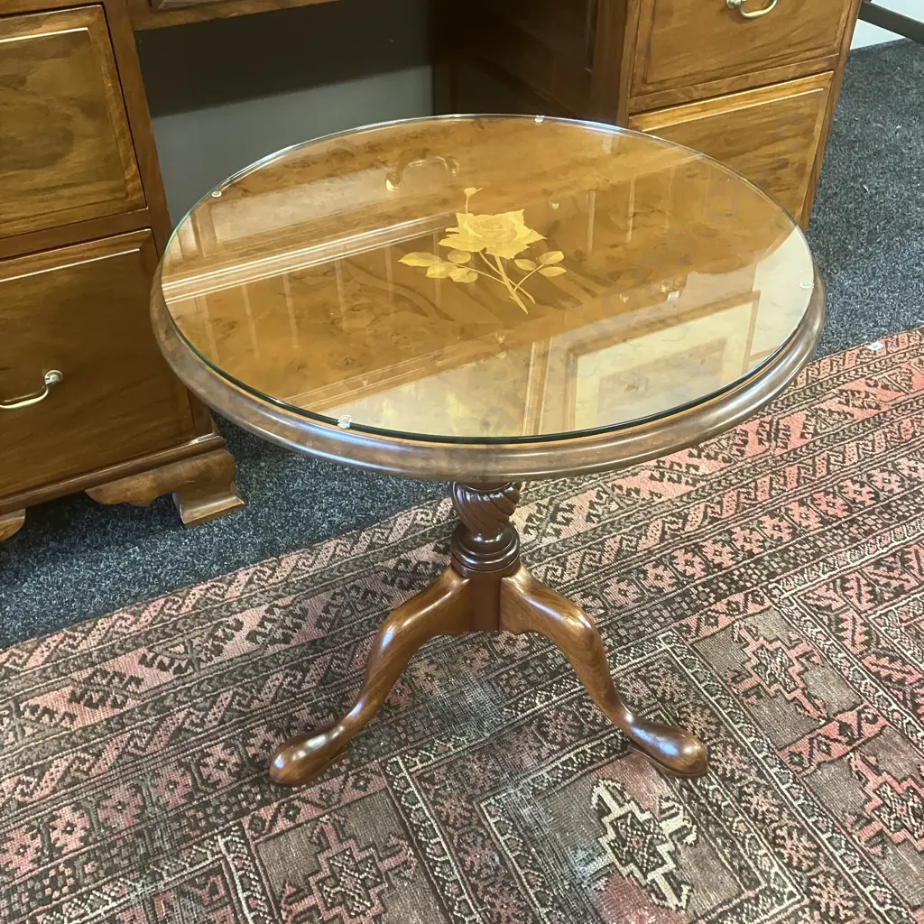 Mahogany Round Top Side Table With a Glass Top. 54.5 x 52.5cm Image 1++