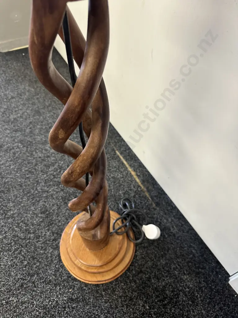 Vintage Wooden Twisted Base Floor Lamp With Orange Globe Style Shade H96cm. Image 1++