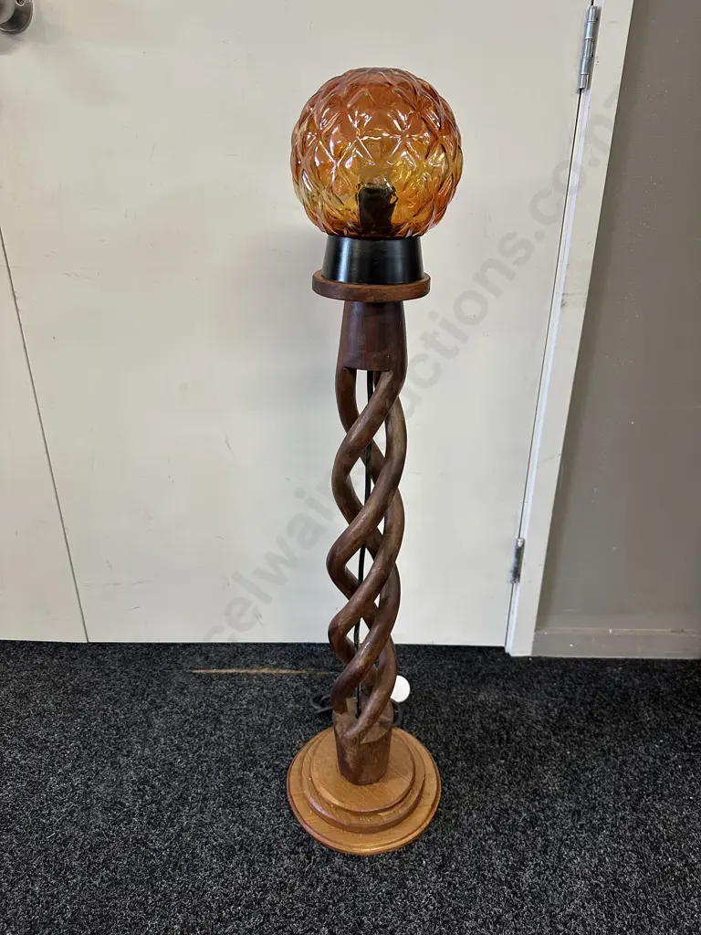 Vintage Wooden Twisted Base Floor Lamp With Orange Globe Style Shade H96cm. Image 1++