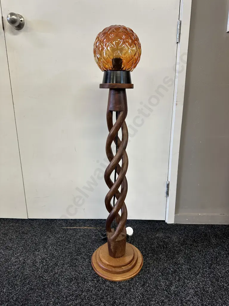 Vintage Wooden Twisted Base Floor Lamp With Orange Globe Style Shade H96cm. Image 1++