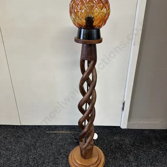 Vintage Wooden Twisted Base Floor Lamp With Orange Globe Style Shade H96cm.